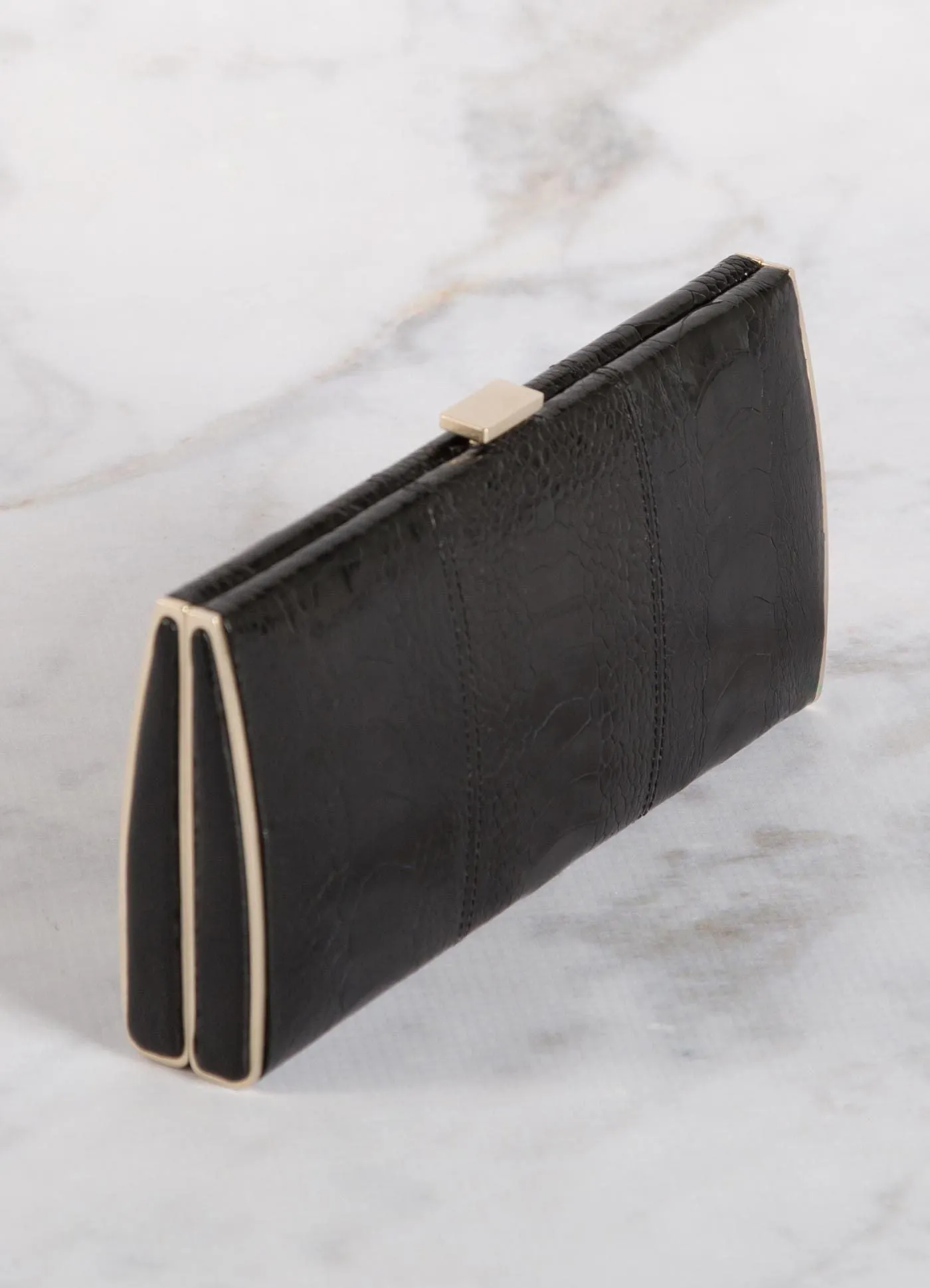 Box Wallet, Black Ostrich Sh., Gold-Tone Frame