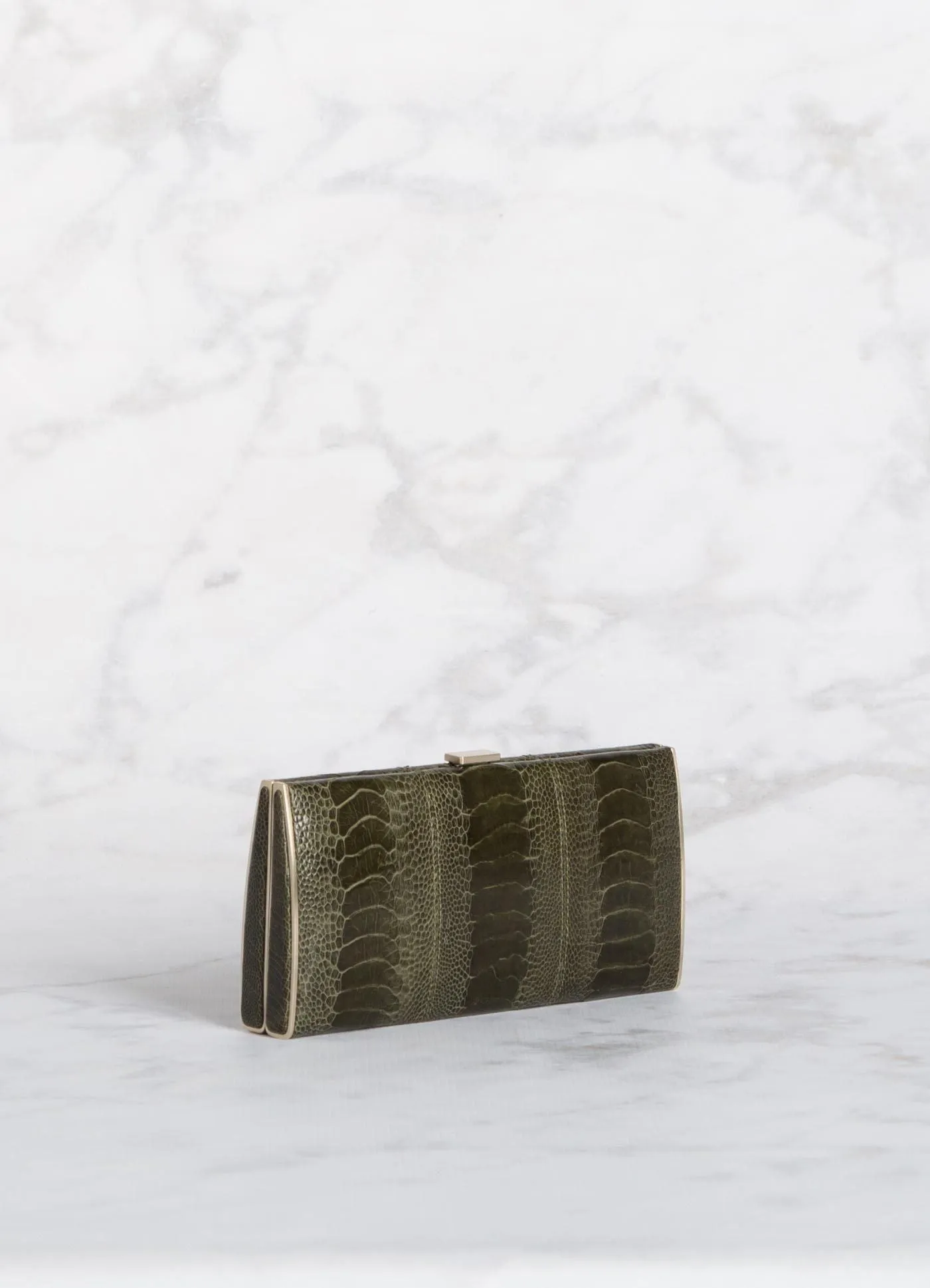 Box Wallet, Bronze Green Ostrich Sh., Gold-Tone