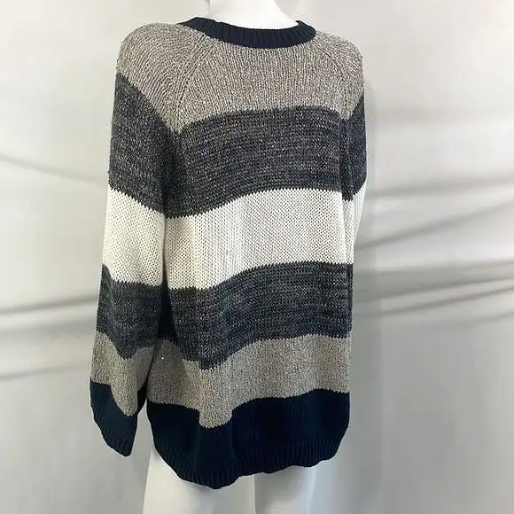 BrunoCucinelli White Blue Sparkle Gray Sparkle Striped Sweater