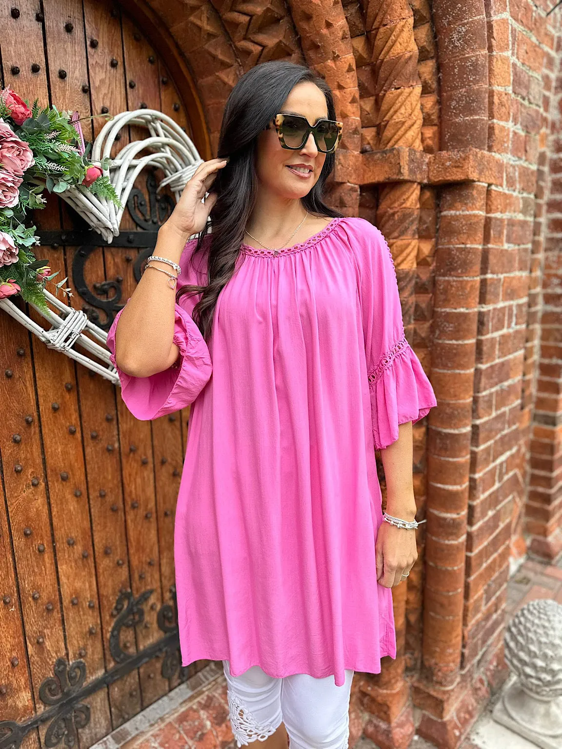 Candy Pink Crochet Cold Shoulder Dress Monica