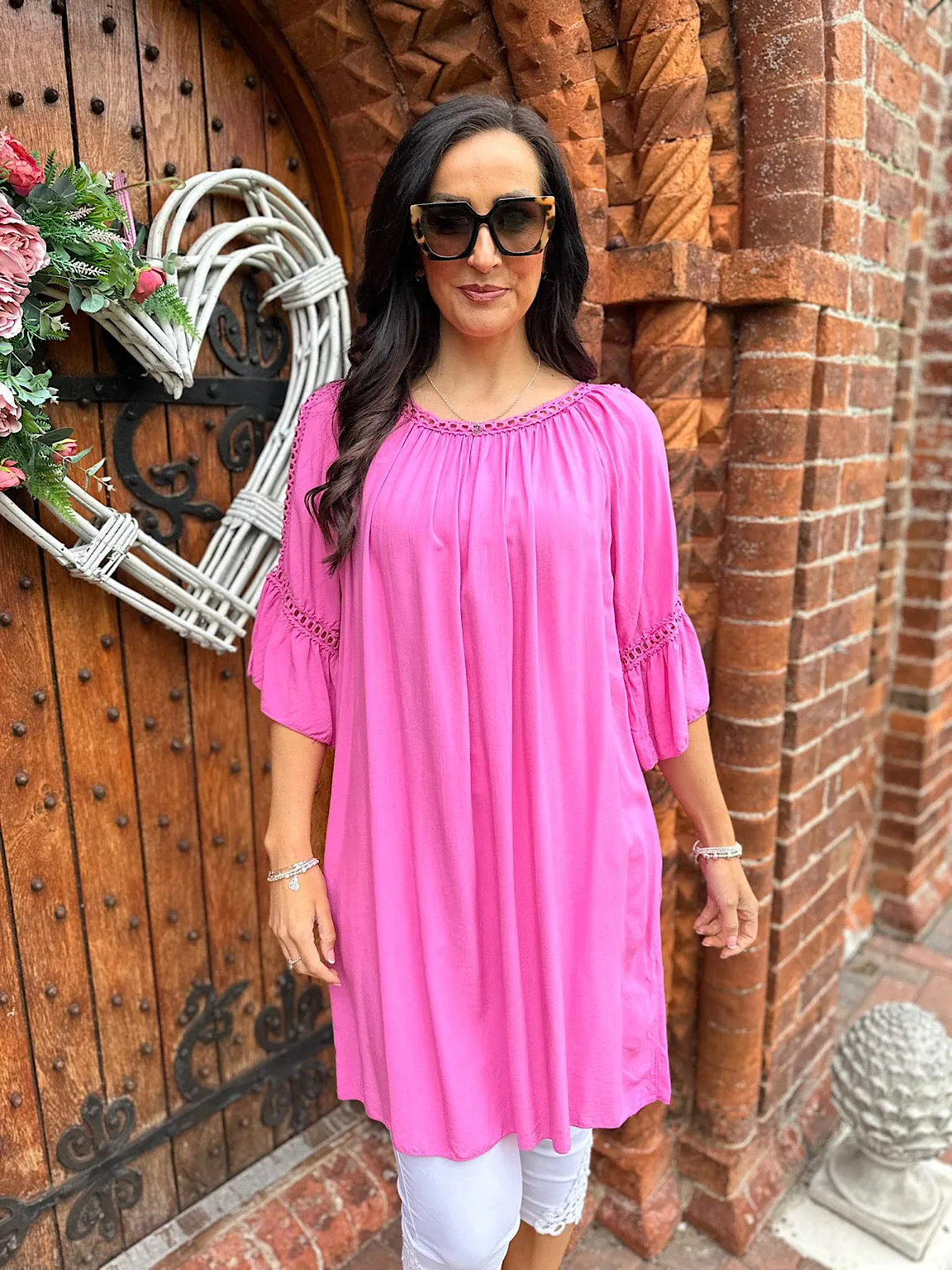 Candy Pink Crochet Cold Shoulder Dress Monica