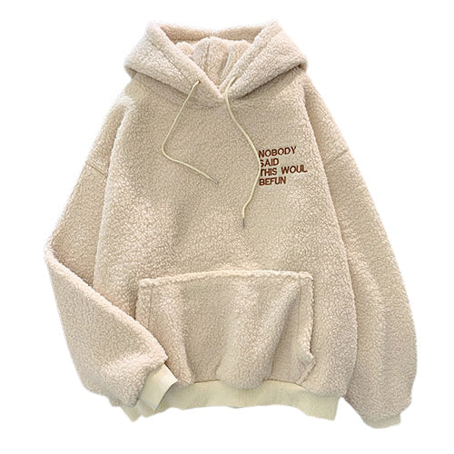 Casual Cute Hoodies Shearling Tops Womens Girls Korean K-pop Style Winter Fleece Warm Soft Loose fit