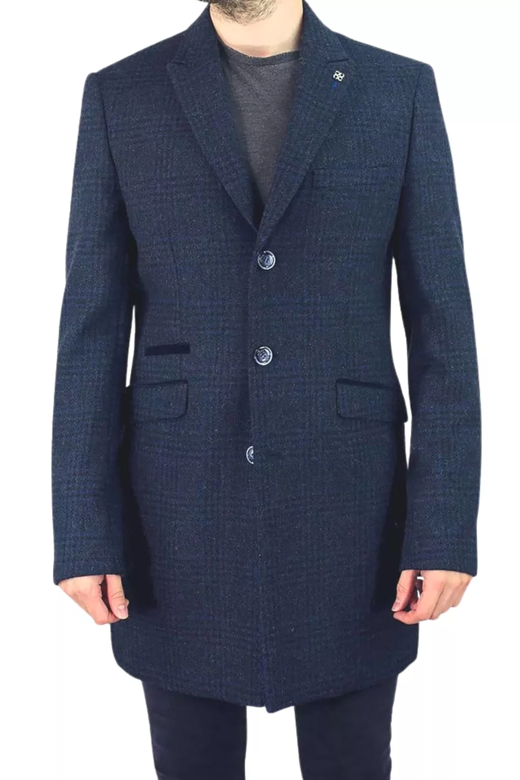 Cavani Danilo Men's Navy Check Wool Blend Overcoat