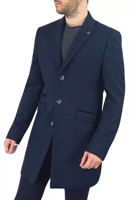 Cavani Danilo Men's Navy Check Wool Blend Overcoat