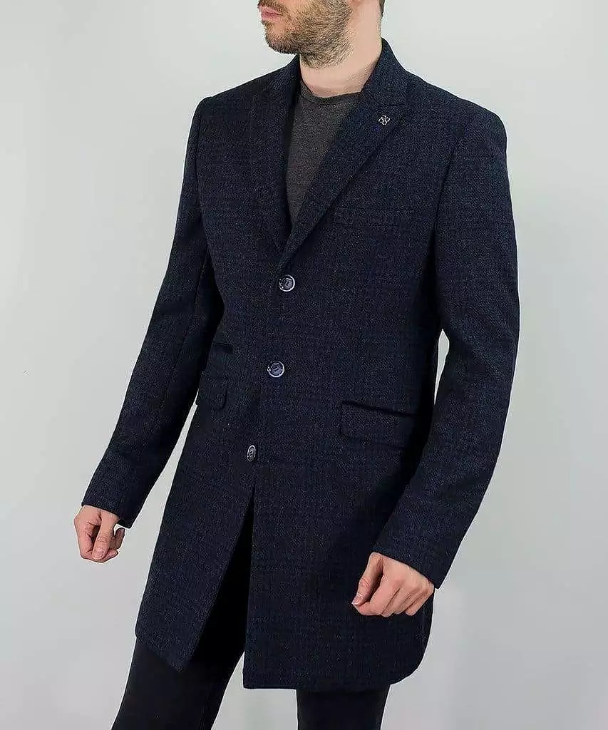 Cavani Danilo Men's Navy Check Wool Blend Overcoat