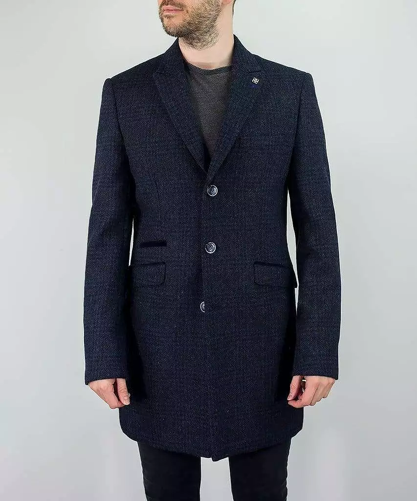 Cavani Danilo Men's Navy Check Wool Blend Overcoat