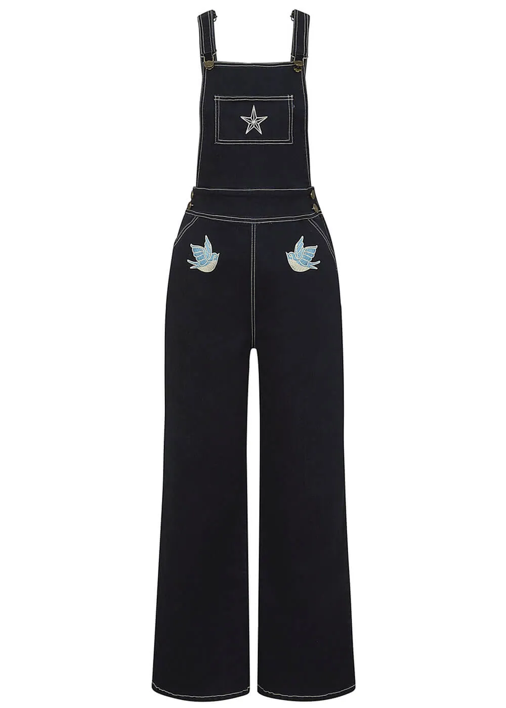 Collectif Renata Swallows Denim 50's Dungarees Navy