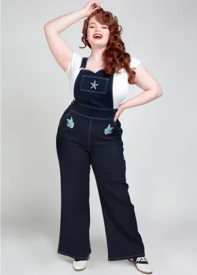 Collectif Renata Swallows Denim 50's Dungarees Navy