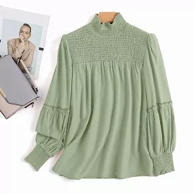 Fashion OL Pleated Tops Tunic Casual Solid Turtleneck Blusas Femininas ZANZEA Puff Sleeve Pleated Blouse Women Oversized Mujer S