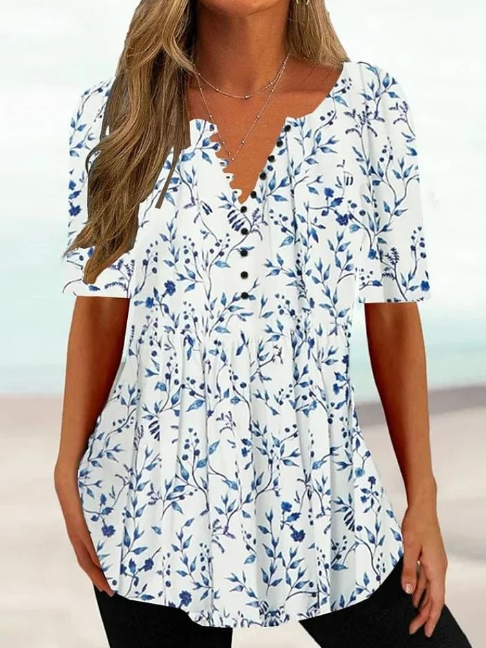 Floral Print Henley Tunic Tee for Women