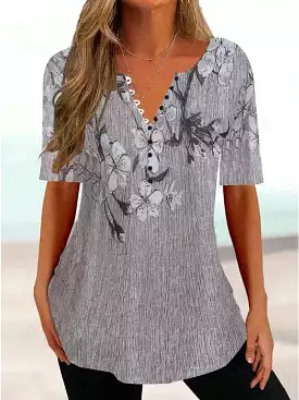 Floral Print Henley Tunic Tee for Women