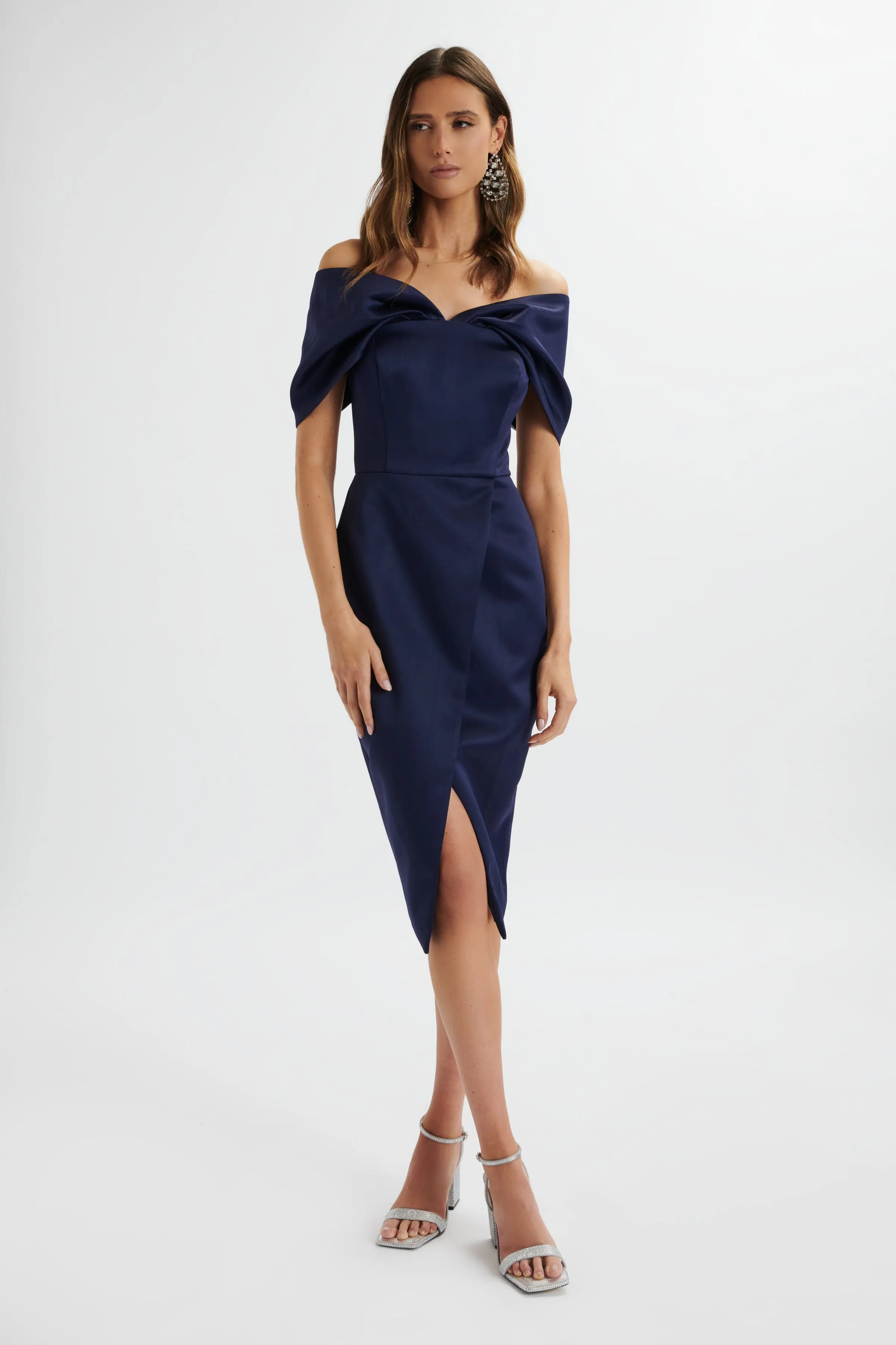 HARLEEN Draped Bardot Bonded Satin Midi Dress In Navy