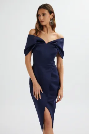 HARLEEN Draped Bardot Bonded Satin Midi Dress In Navy