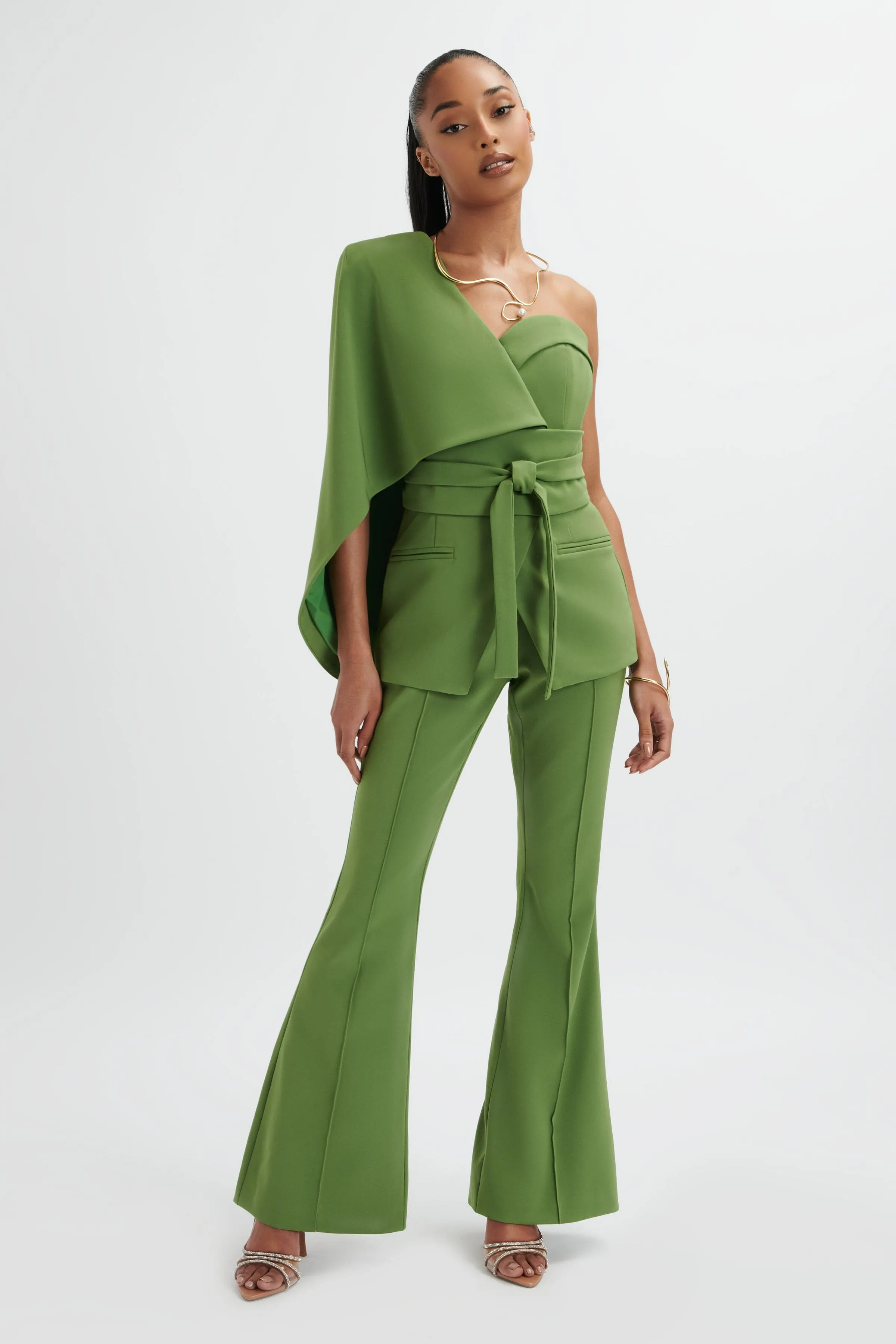 JUNO Obi Belted Asymmetric Cape Blazer In Green