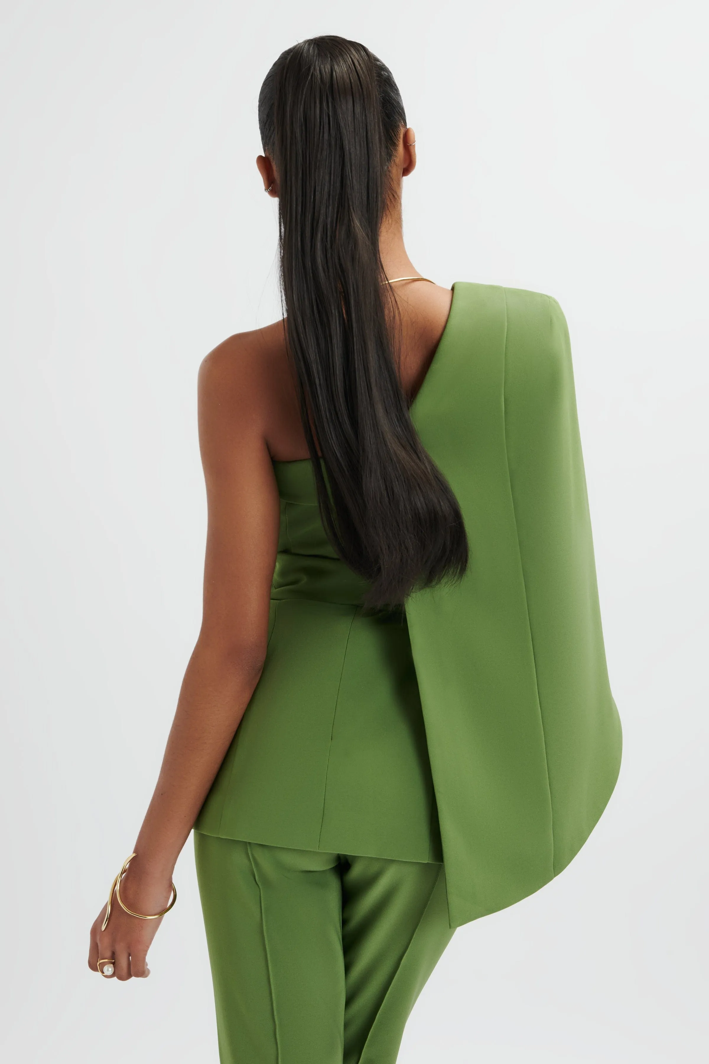 JUNO Obi Belted Asymmetric Cape Blazer In Green