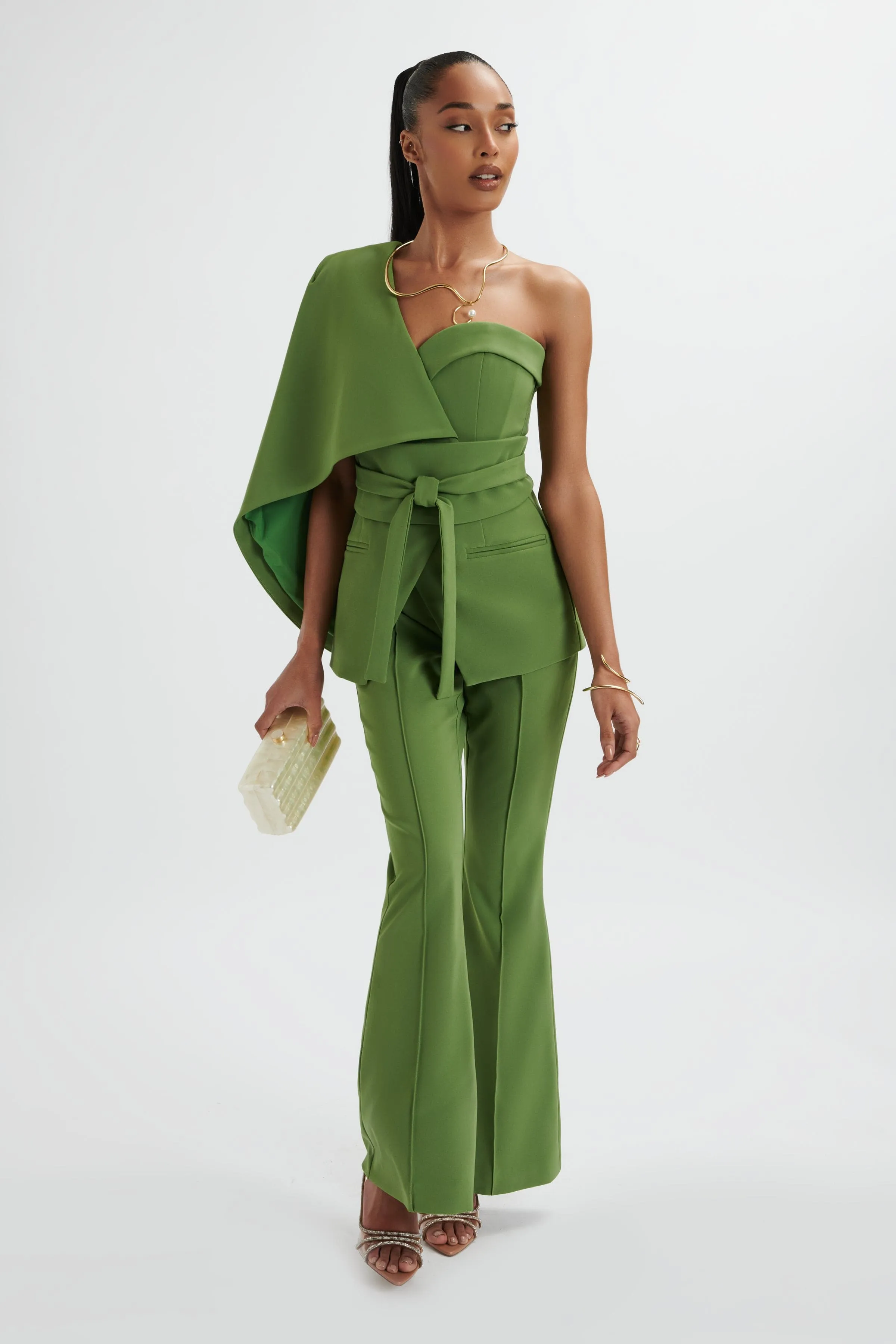 JUNO Obi Belted Asymmetric Cape Blazer In Green