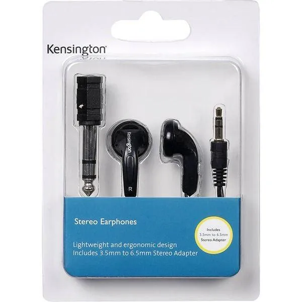 Kensington Stereo Earphones Black with 3.5mm to 6.5mm Stereo Adapter