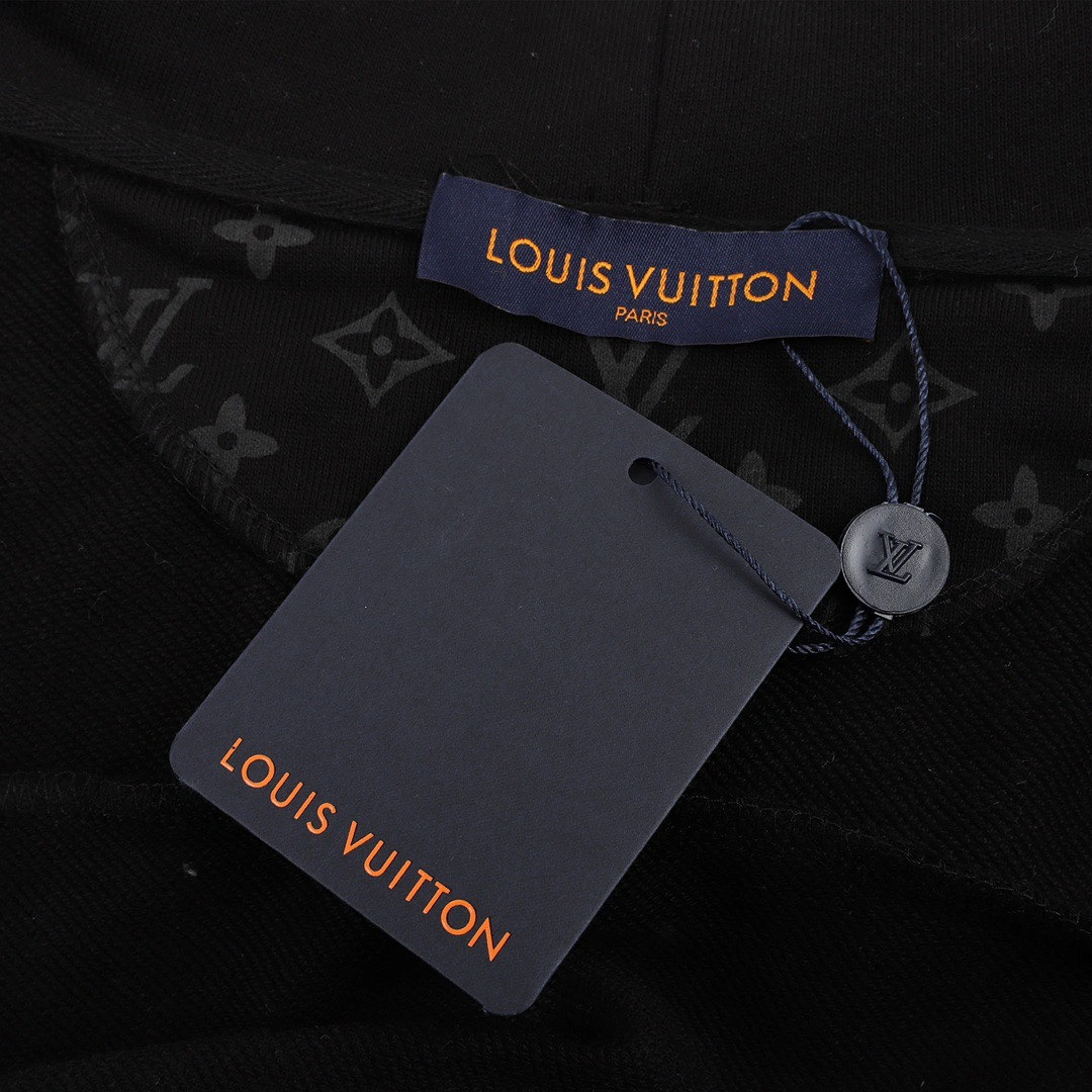 LouisVuitton 23FW stitching printing brand logo hooded sweater All Black 9.5