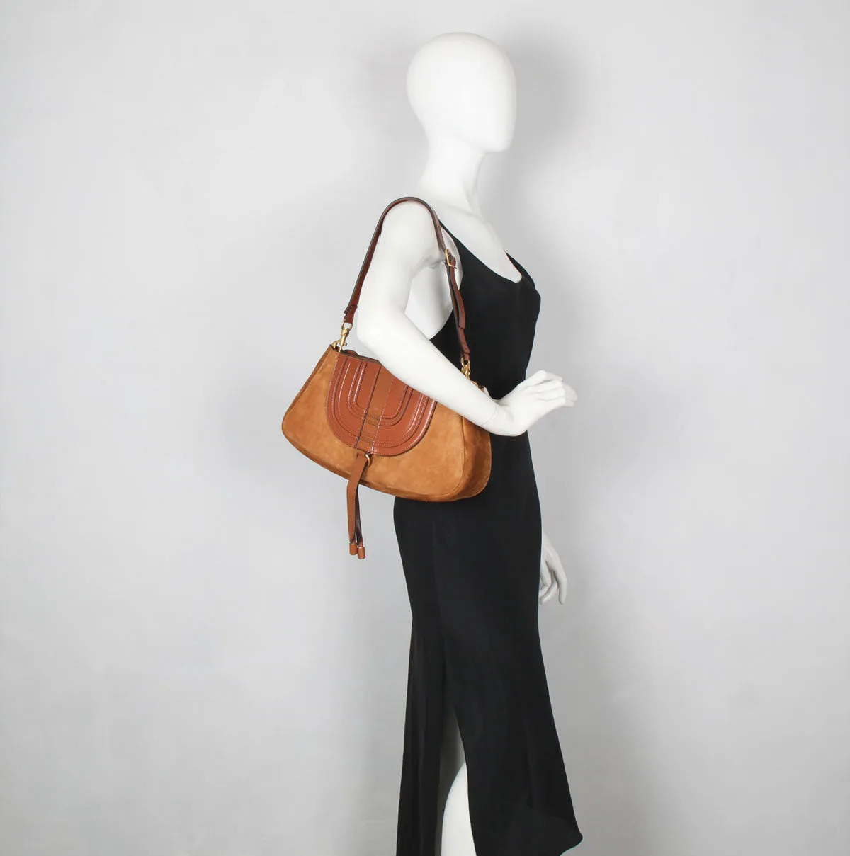 Marcie Suede Shoulder Bag, Caramel