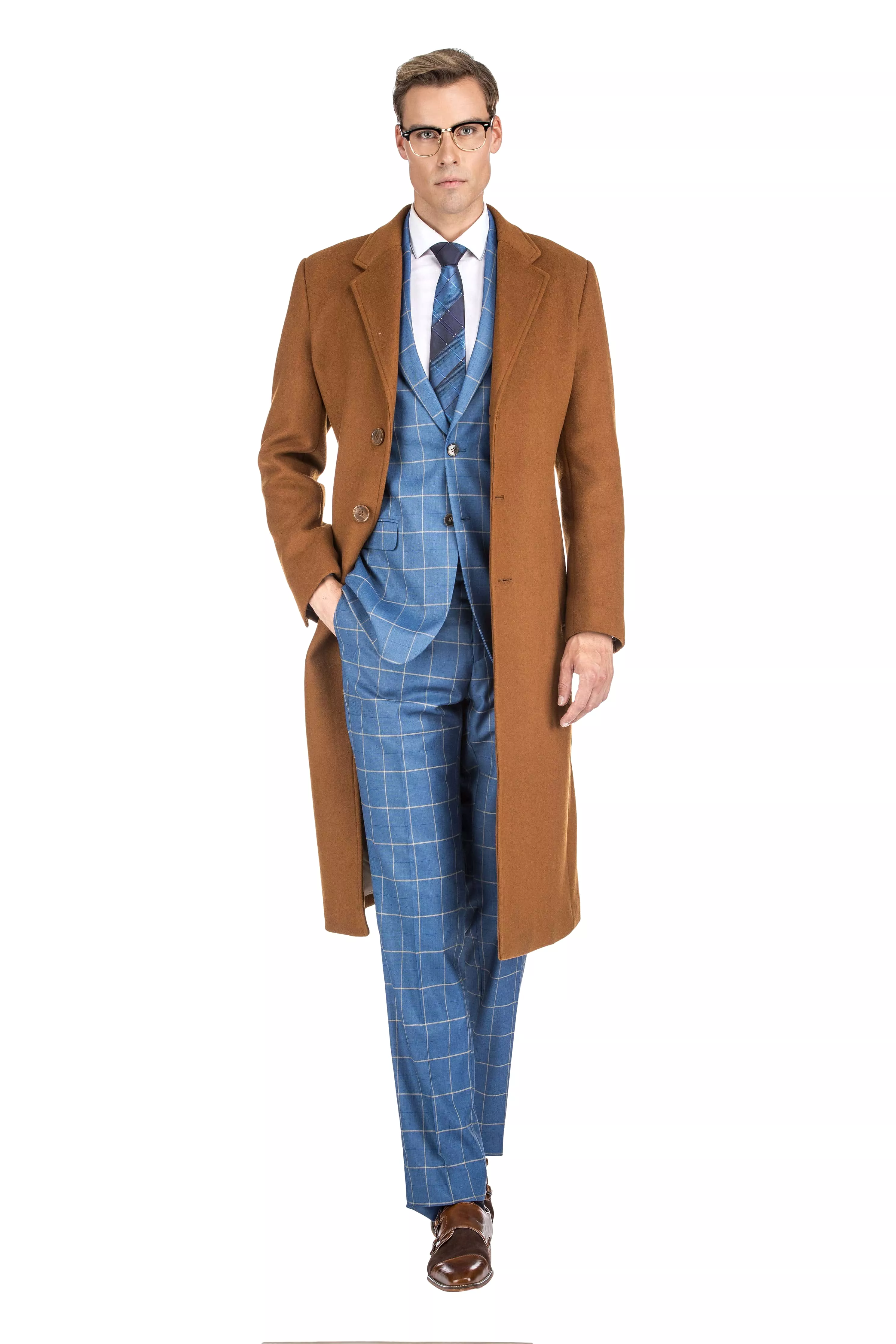 Men's Knee Length Wool Blend Three Button Long Jacket Overcoat Top Coat