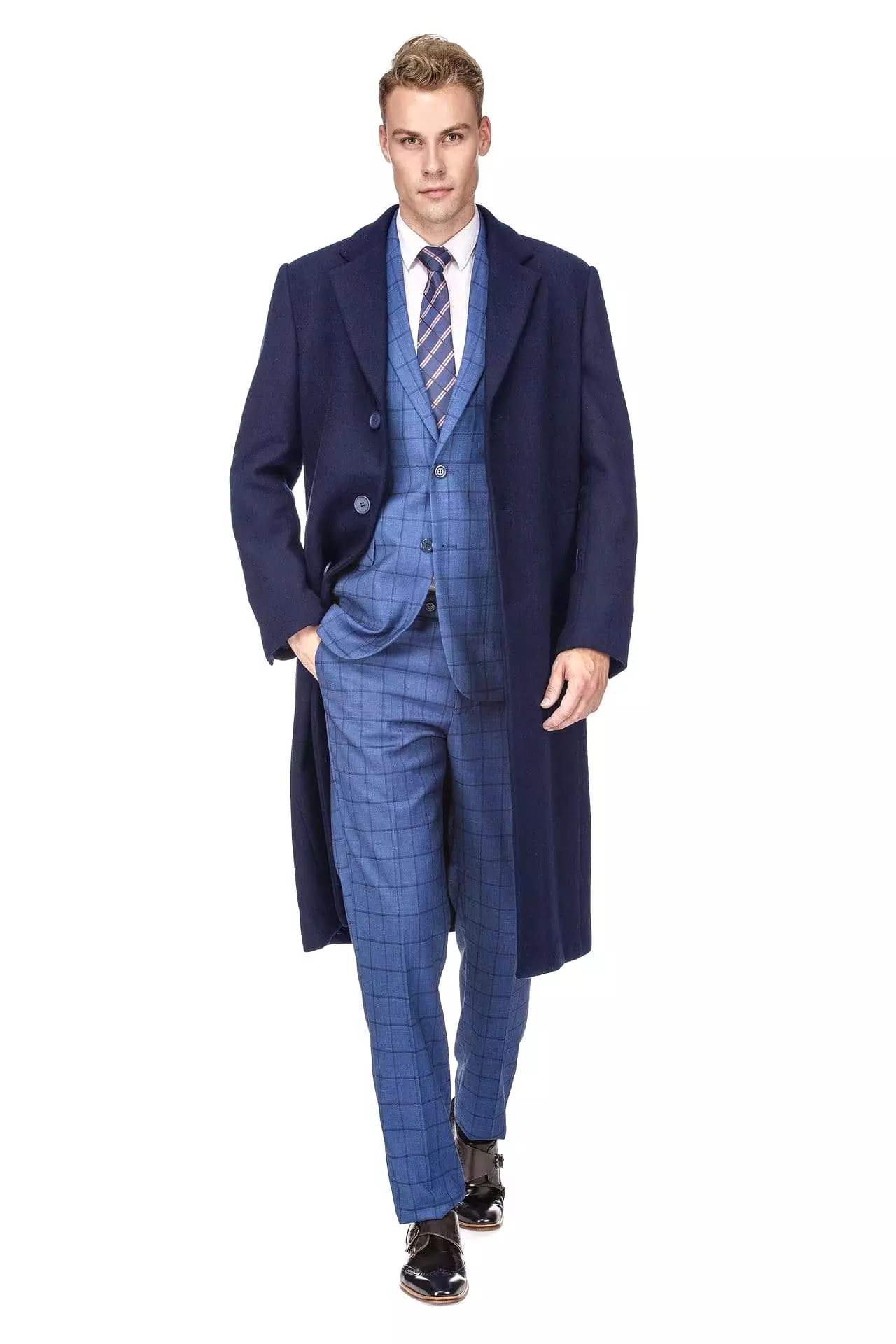 Men's Knee Length Wool Blend Three Button Long Jacket Overcoat Top Coat