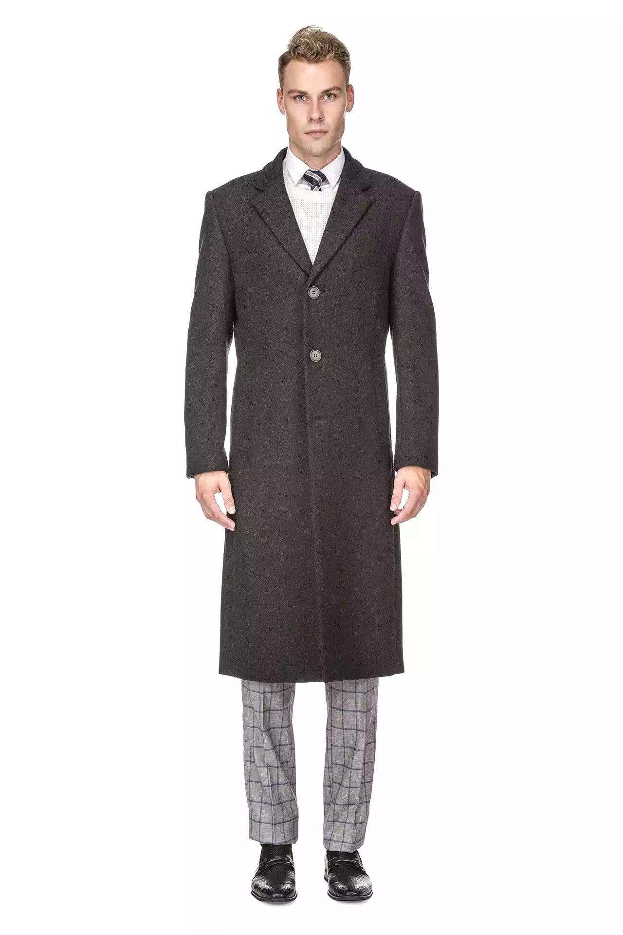 Men's Knee Length Wool Blend Three Button Long Jacket Overcoat Top Coat