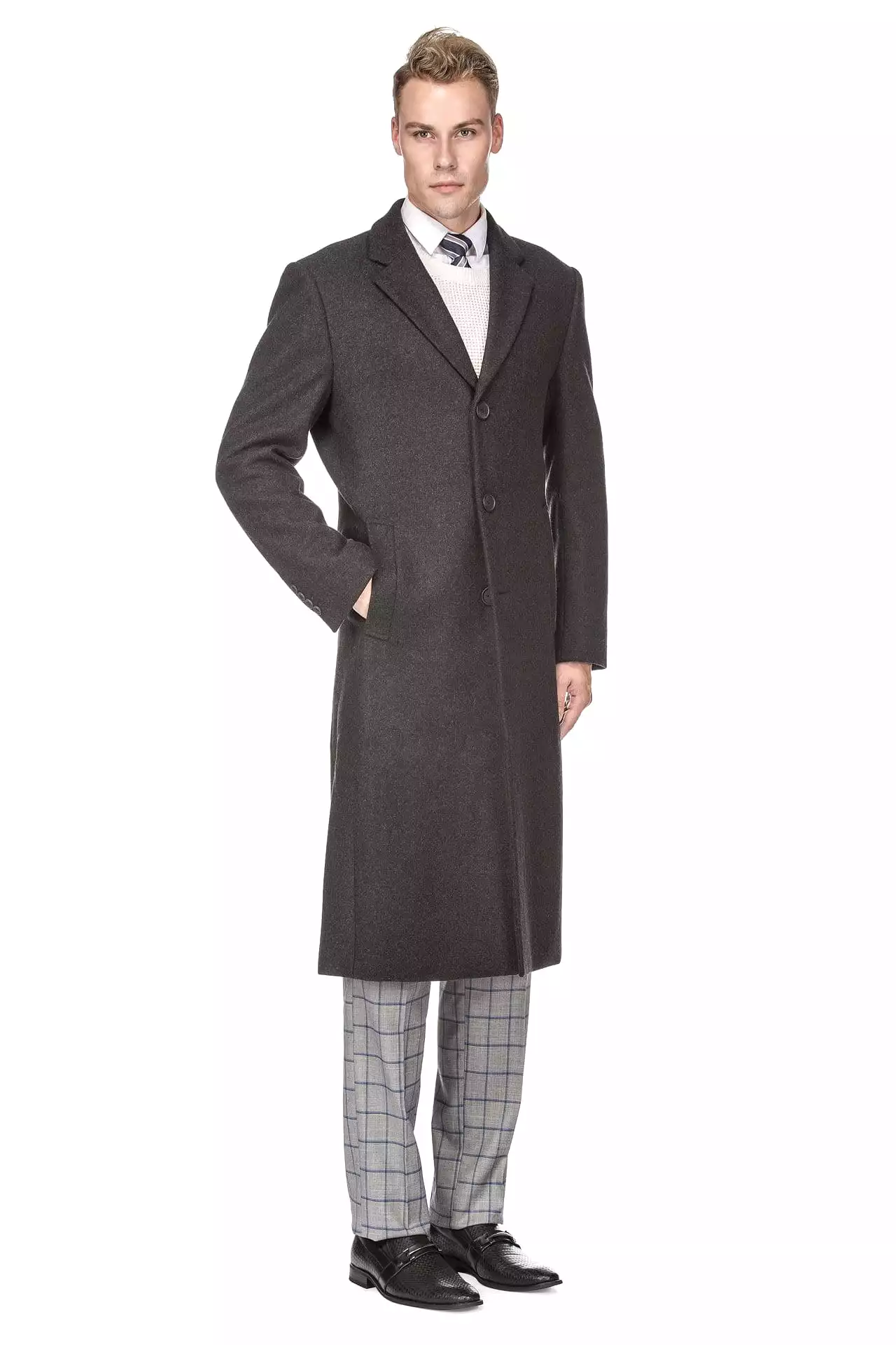 Men's Knee Length Wool Blend Three Button Long Jacket Overcoat Top Coat