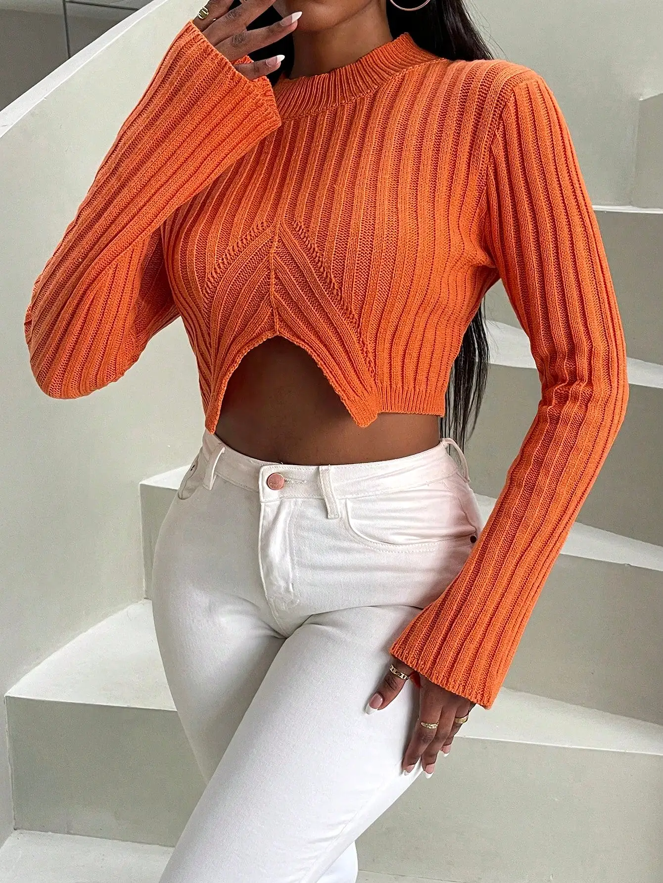 Mock Neck Split Hem Crop Sweater