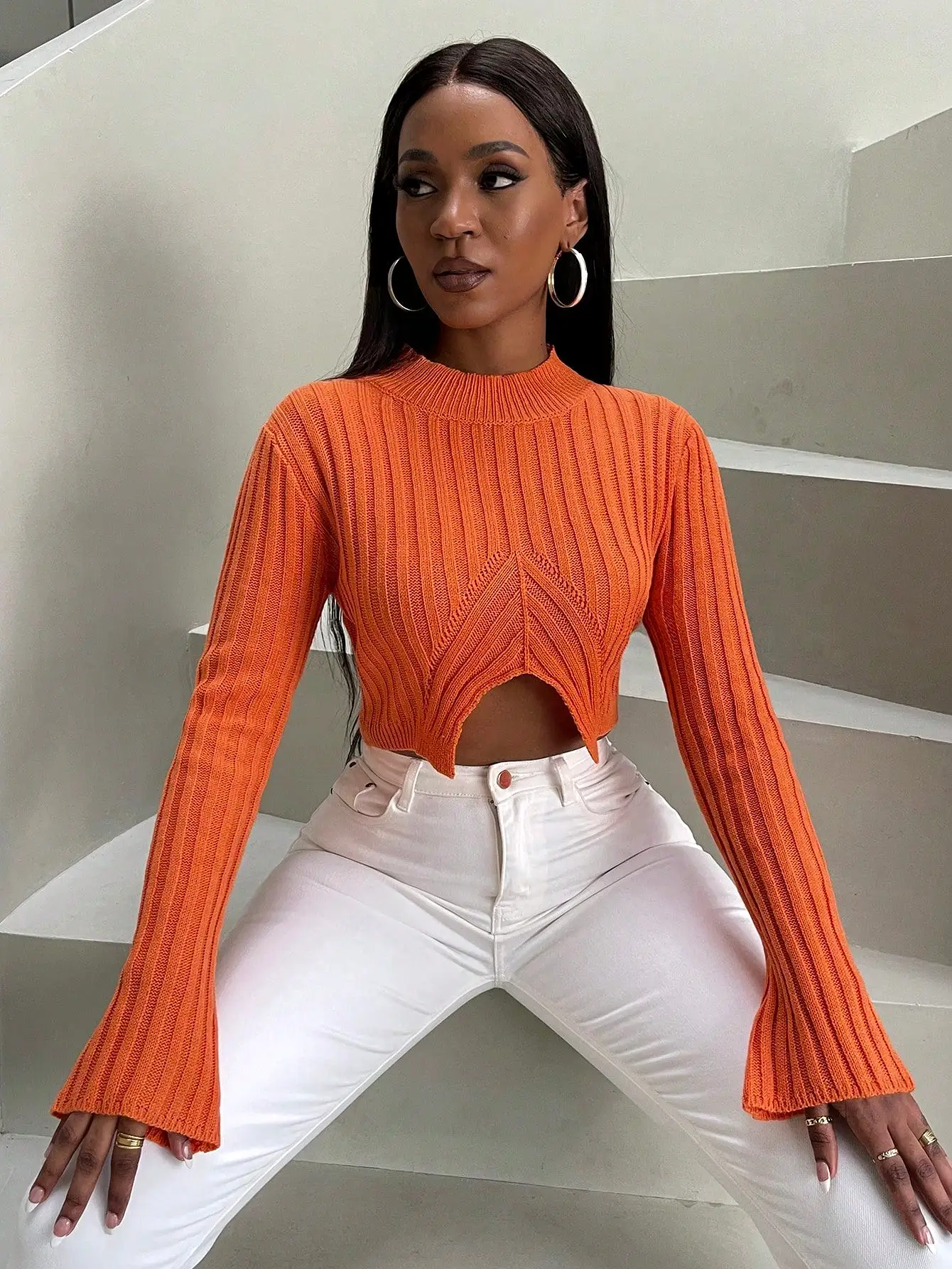 Mock Neck Split Hem Crop Sweater