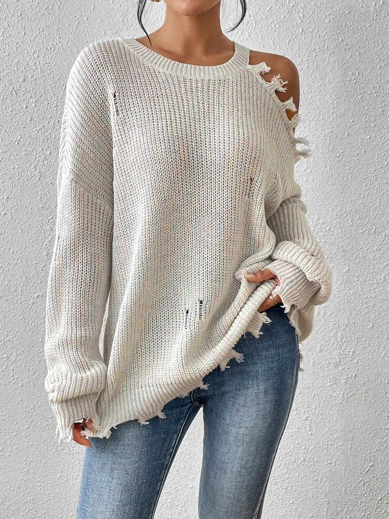 Off the Shoulder Distressed Sweater