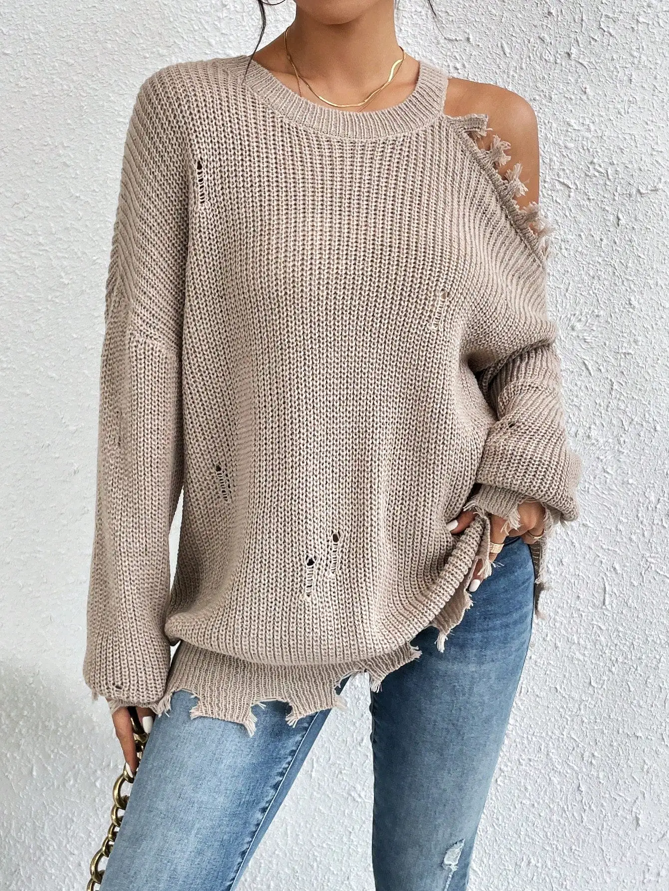 Off the Shoulder Distressed Sweater