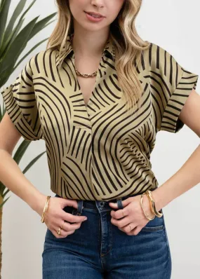 Olive Geo Print Split Neck Top