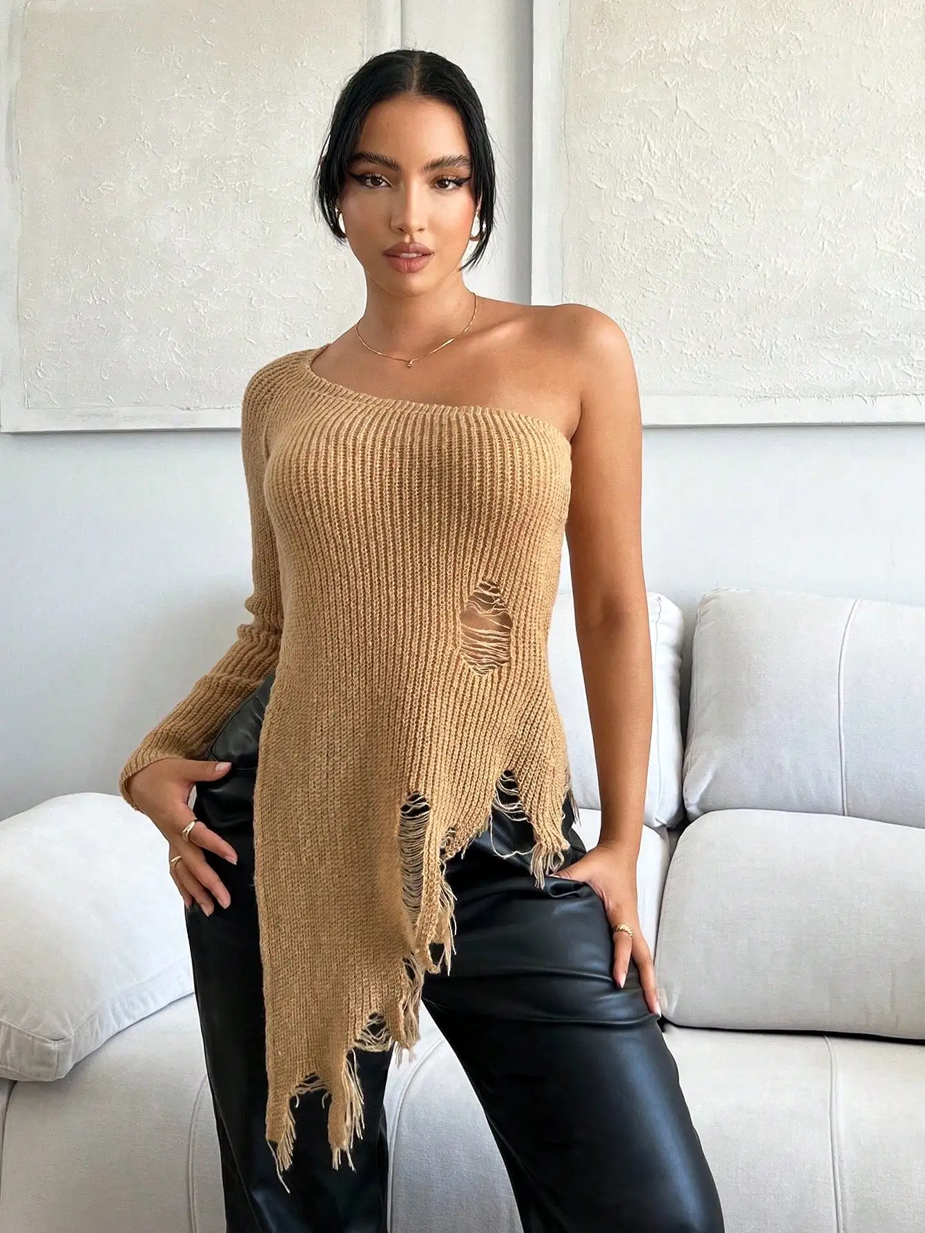 One Shoulder Ripped Asymmetrical Sweater