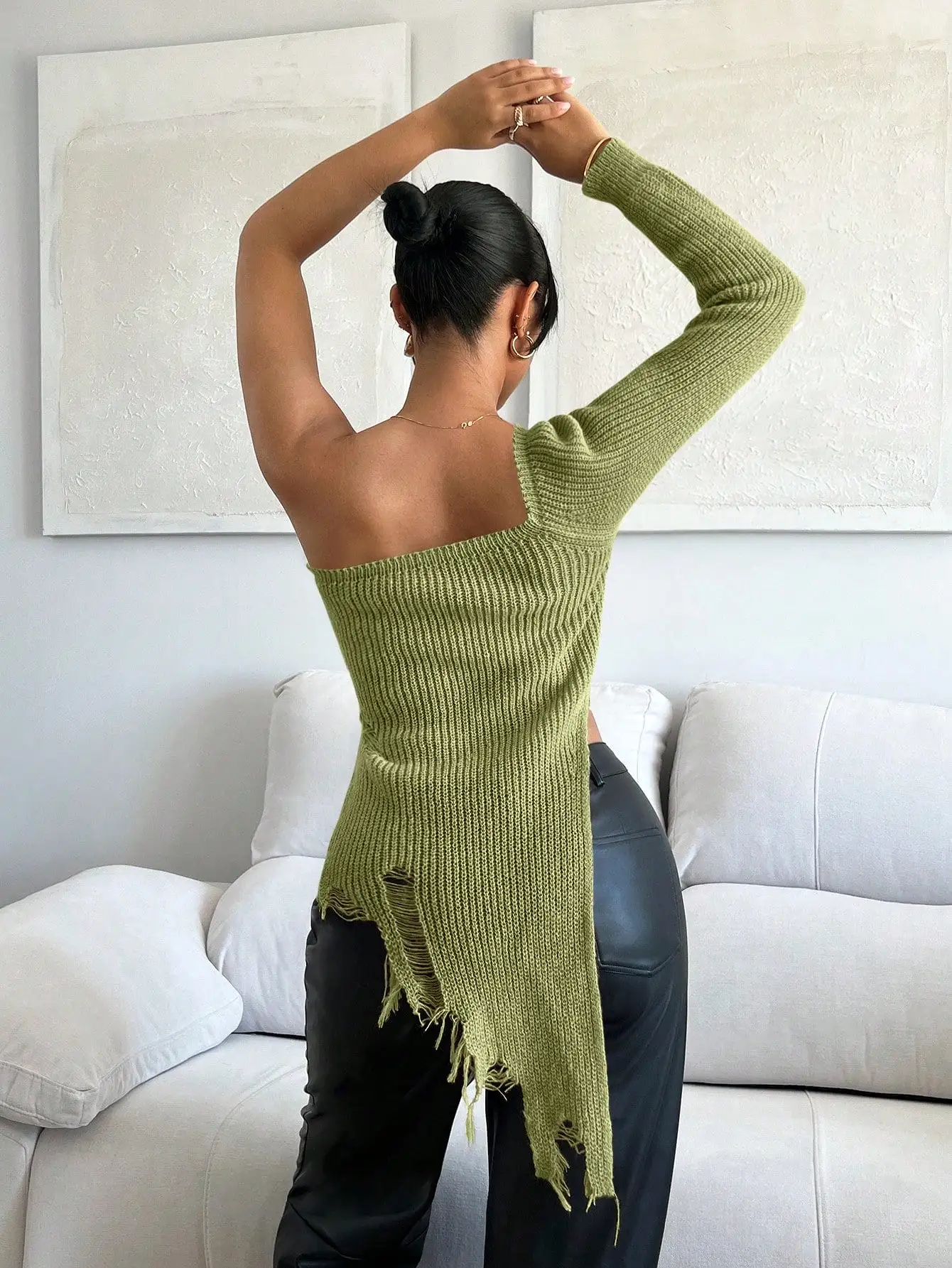 One Shoulder Ripped Asymmetrical Sweater