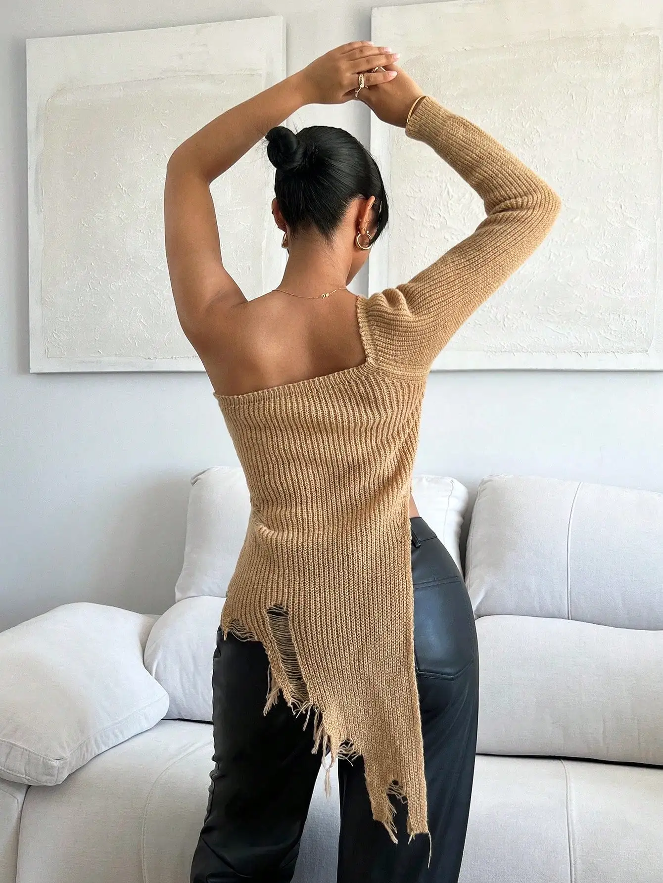 One Shoulder Ripped Asymmetrical Sweater