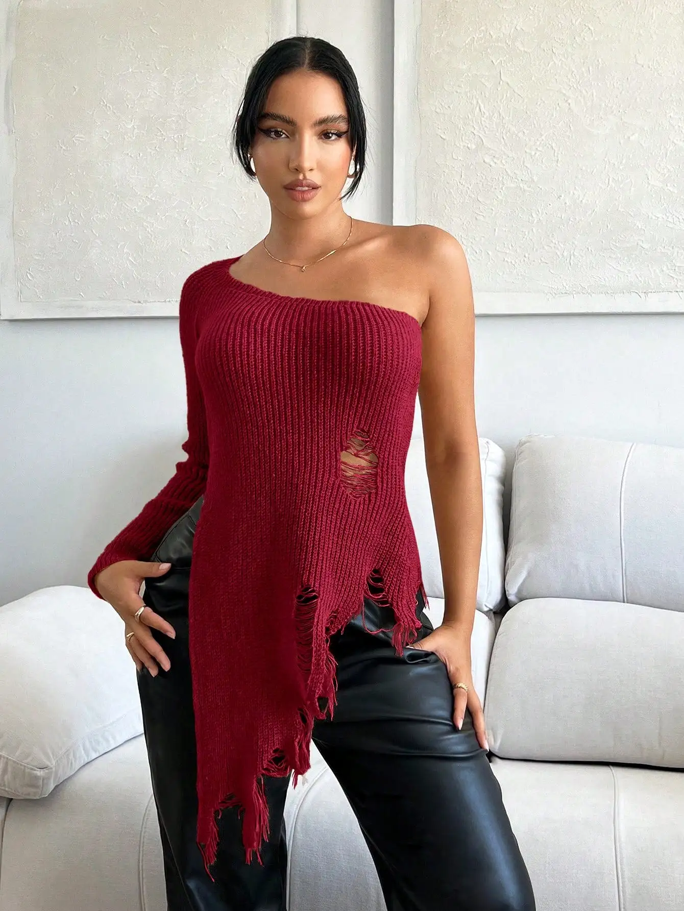 One Shoulder Ripped Asymmetrical Sweater