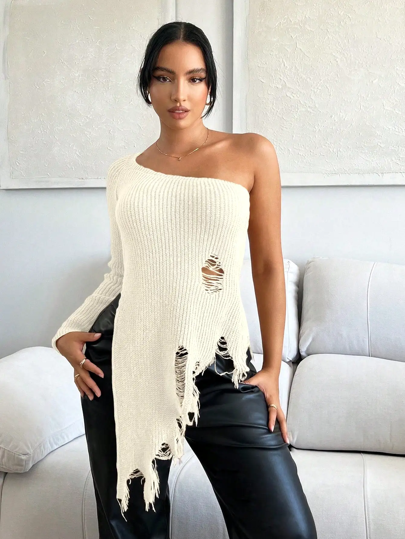 One Shoulder Ripped Asymmetrical Sweater