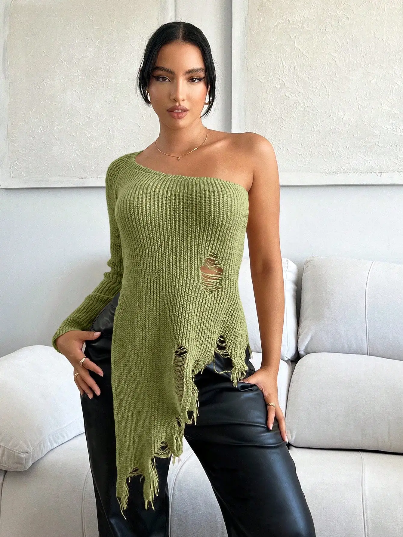 One Shoulder Ripped Asymmetrical Sweater