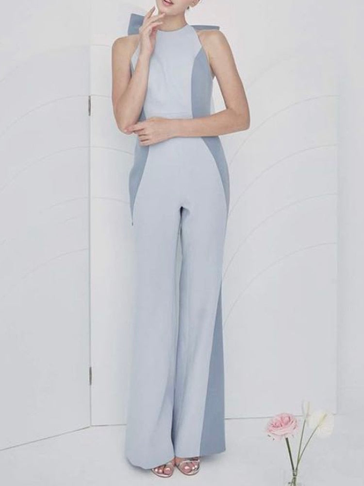 Patchwork Bow Backless Jumpsuits For Women Round Neck Sleeveless High Waist Colorblock Slim Jumpsuit Female Summer Clothes