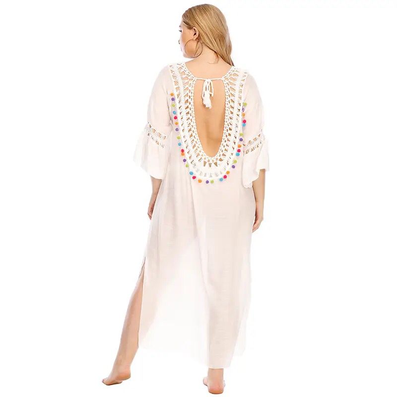 Plus Size White Beach Cover Up Summer Dress Cotton Tunic Beach Kaftan Women Beachwear Backless Swimsuit Cover Up Robe de plage B