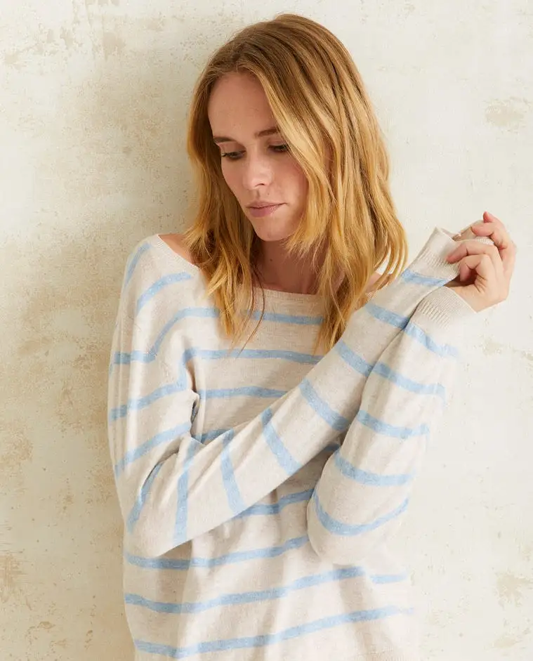 PULLOVER CREW SWEATER (ECRU/SKY BLUE STRIPE) - YERSE