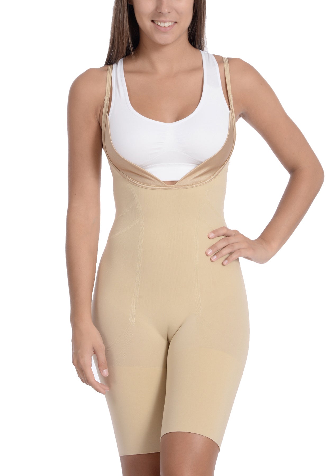 Seamless Wear Your Own Bra Bodysuit Shaper With Extra Long Boyleg Nude