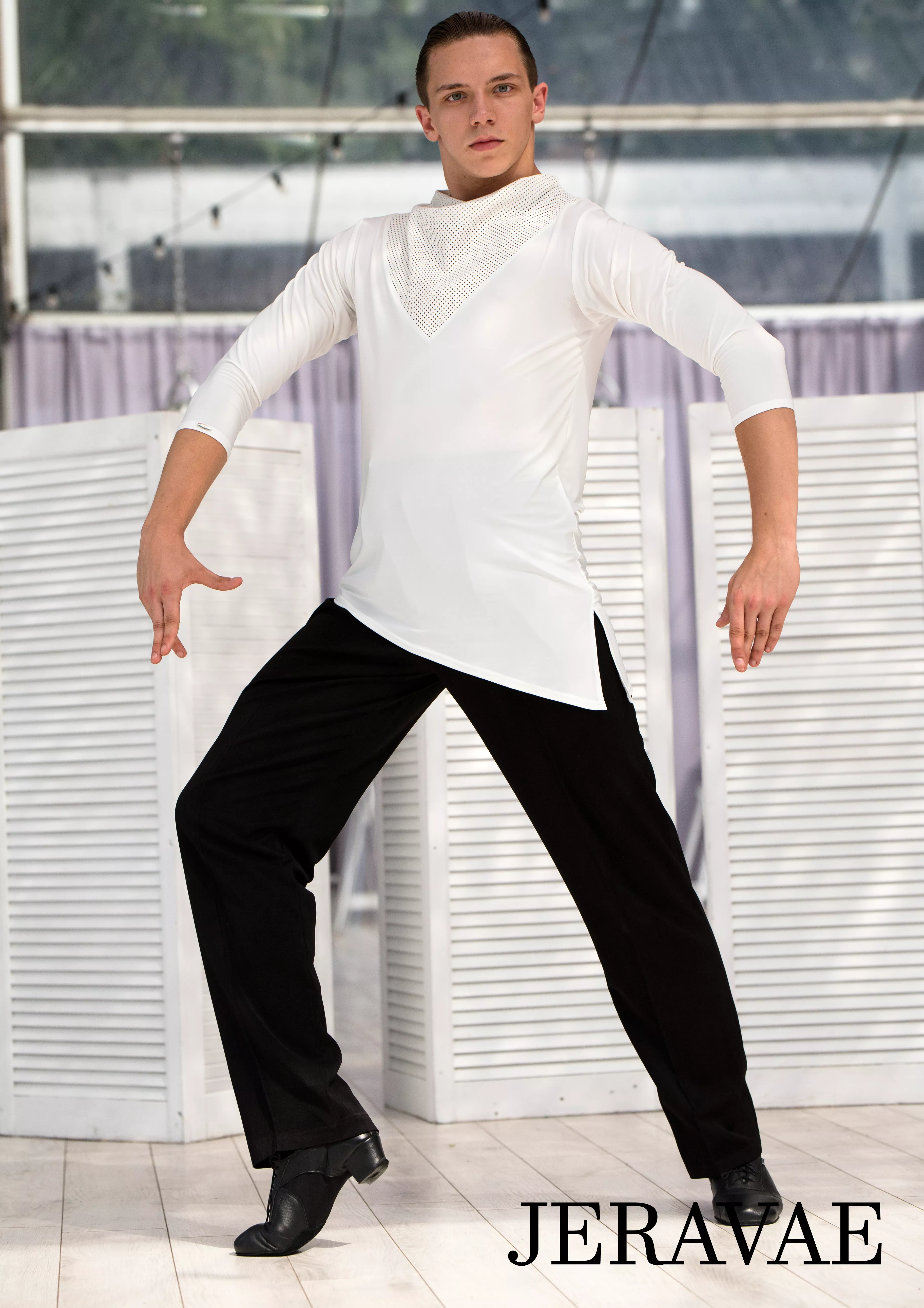 Senga Dancewear KAMET Men's Loose Turtleneck Tuck Out Style Latin Shirt Available in Cream and Black M073 in Stock