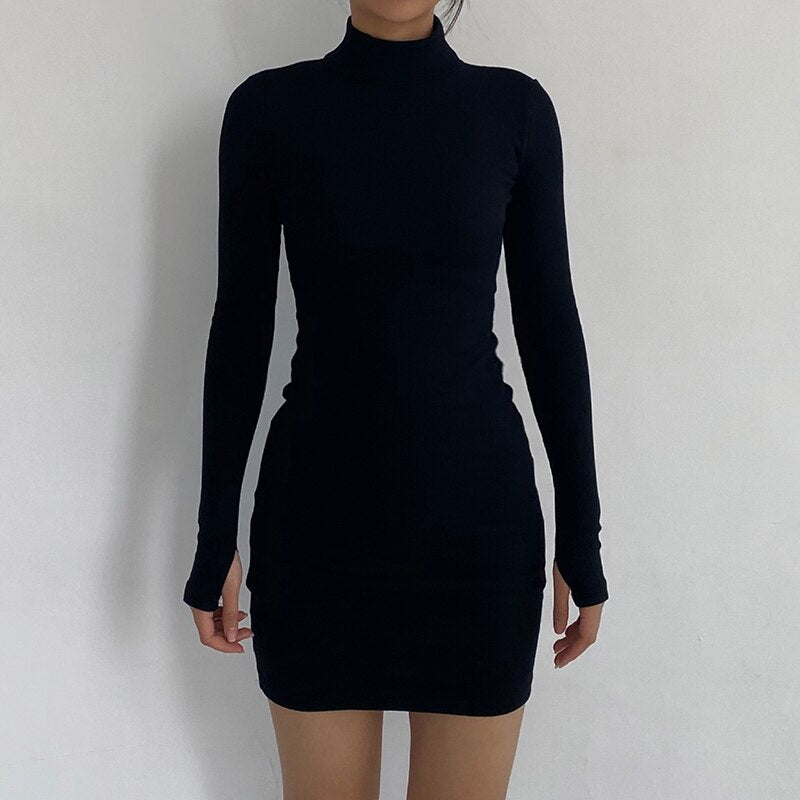 Sexy Solid Turtleneck Skinny Mini Dress Women Rib Knit Keep Warm Long Sleeve Slim Dress Streetwear