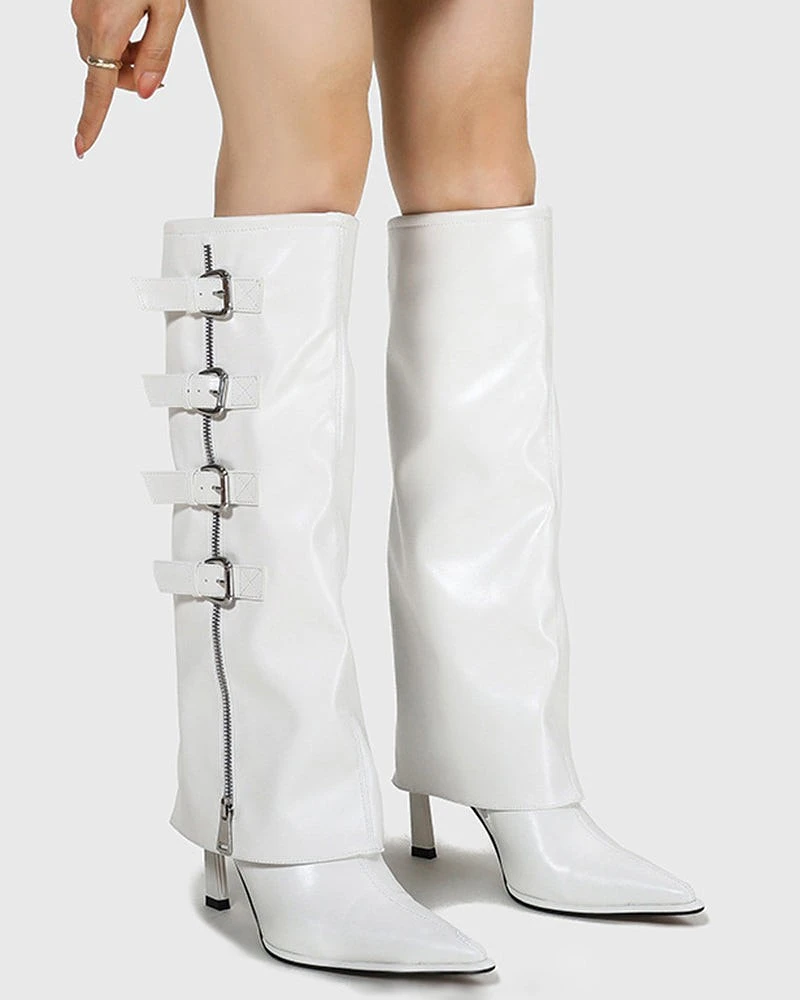 Side Zipper Knee High Fold Over Stiletto Heel Boots