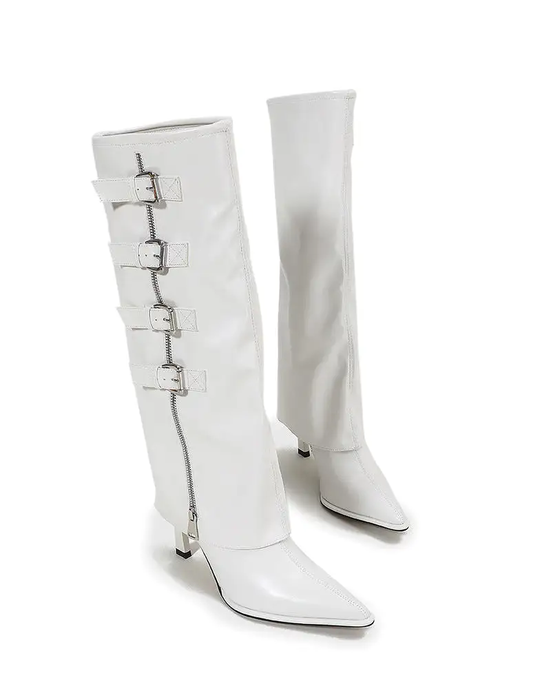 Side Zipper Knee High Fold Over Stiletto Heel Boots