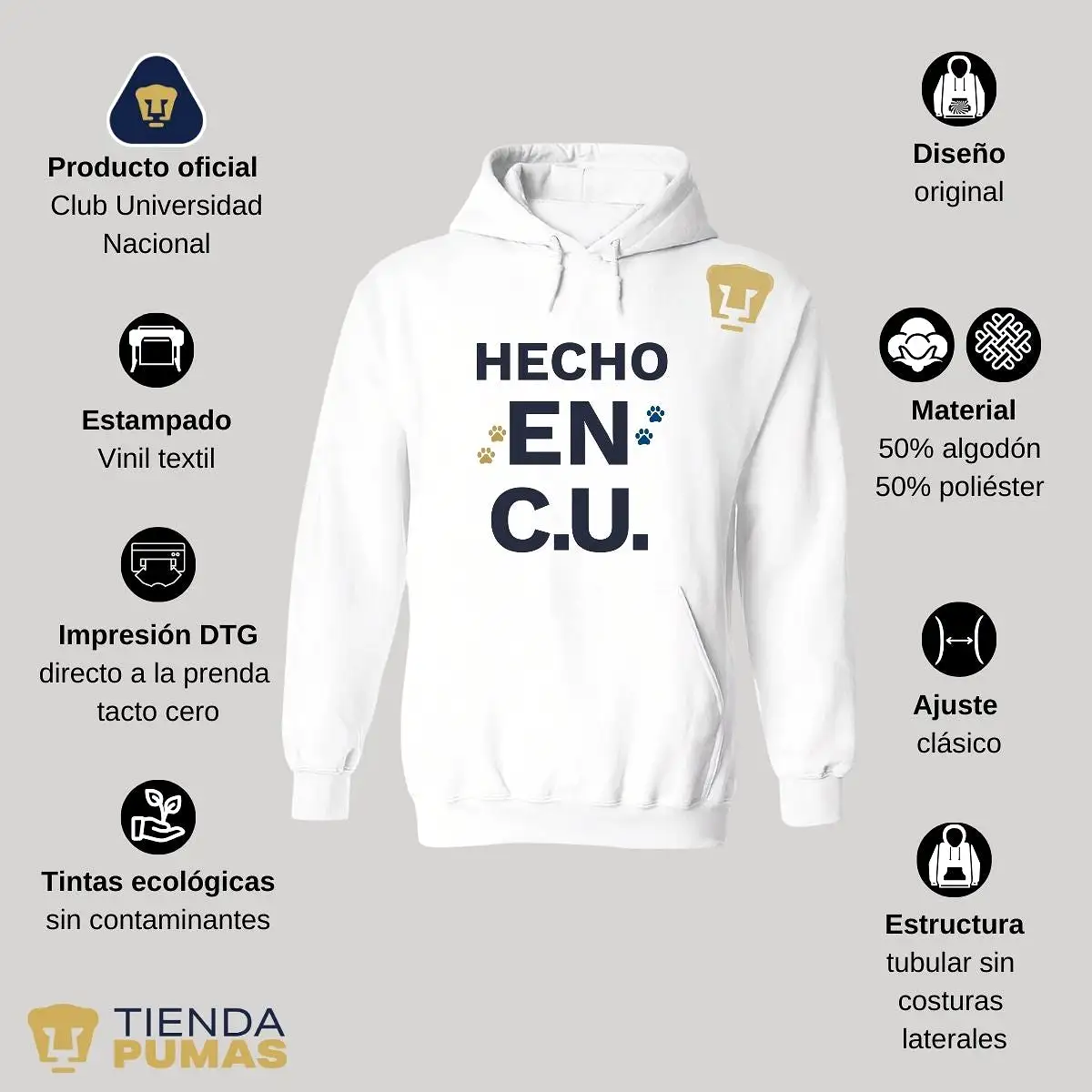 Sudadera Hombre Hoodie Pumas UNAM Hecho en C.U.