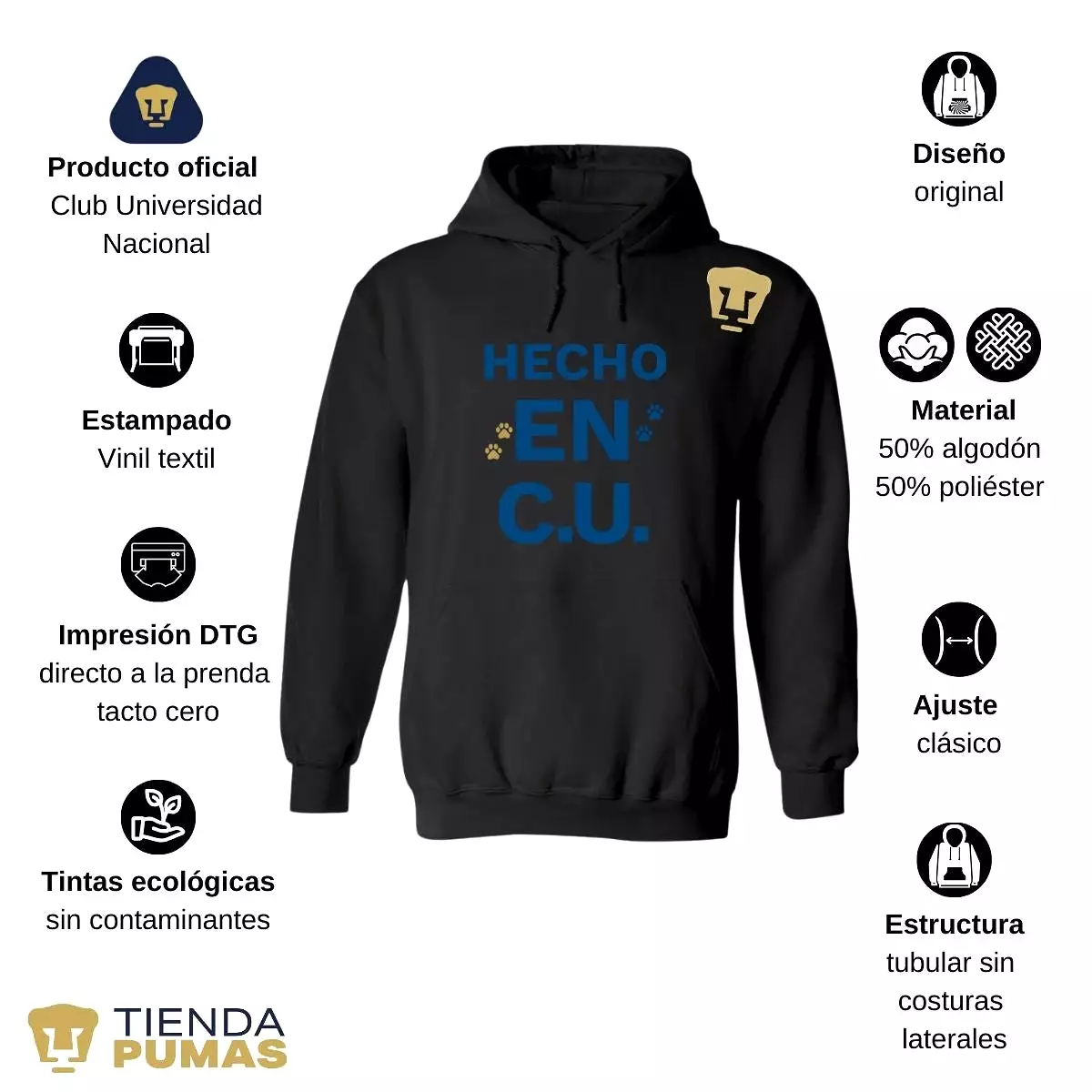 Sudadera Hombre Hoodie Pumas UNAM Hecho en C.U.