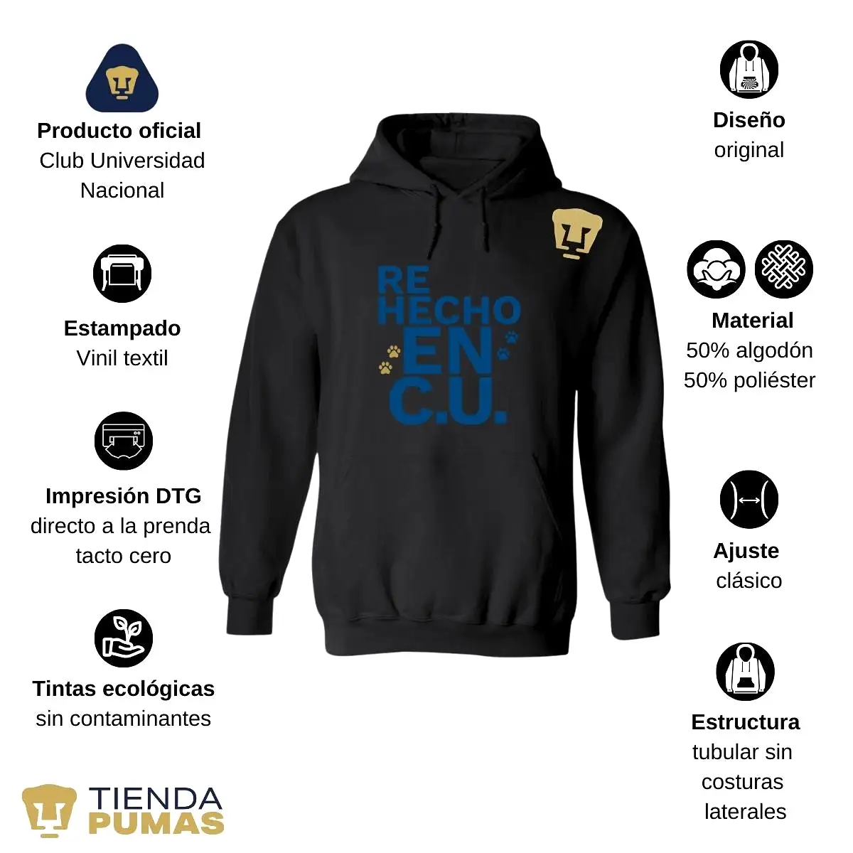 Sudadera Hombre Hoodie Pumas UNAM Re Hecho en C.U.