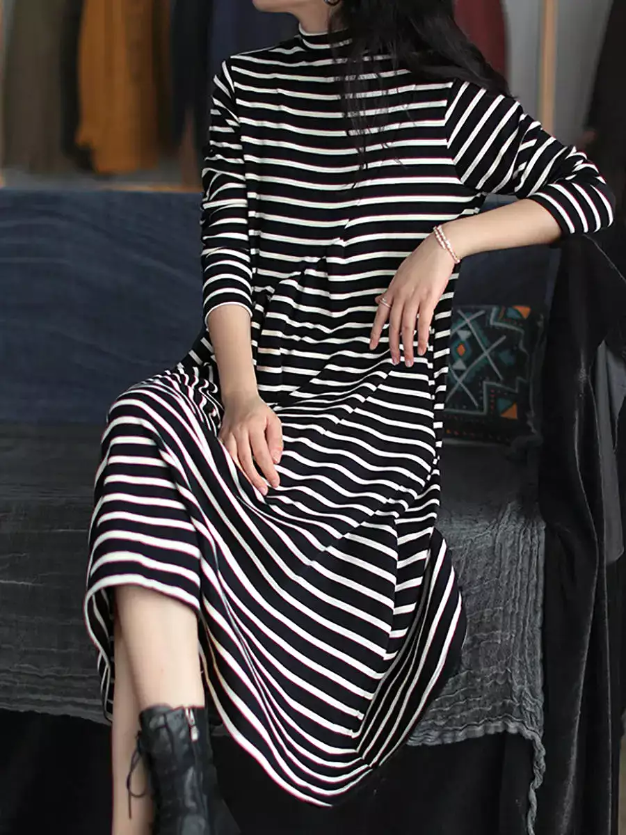 Women Stripe Turtleneck Cotton Dress